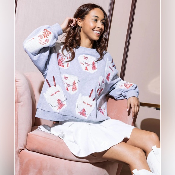 New! QUEEN OF SPARKLES Gray Sequin Chinese Lunchbox Oversized Sweatshirt - Picture 4 of 11